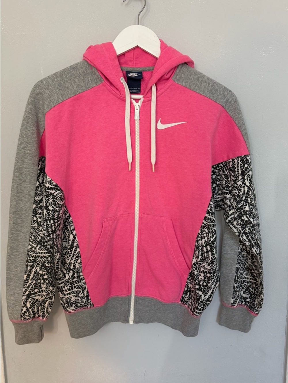 Nike Hot Pink & Gray Zip Hoodie with Black-White Graphic Panels
